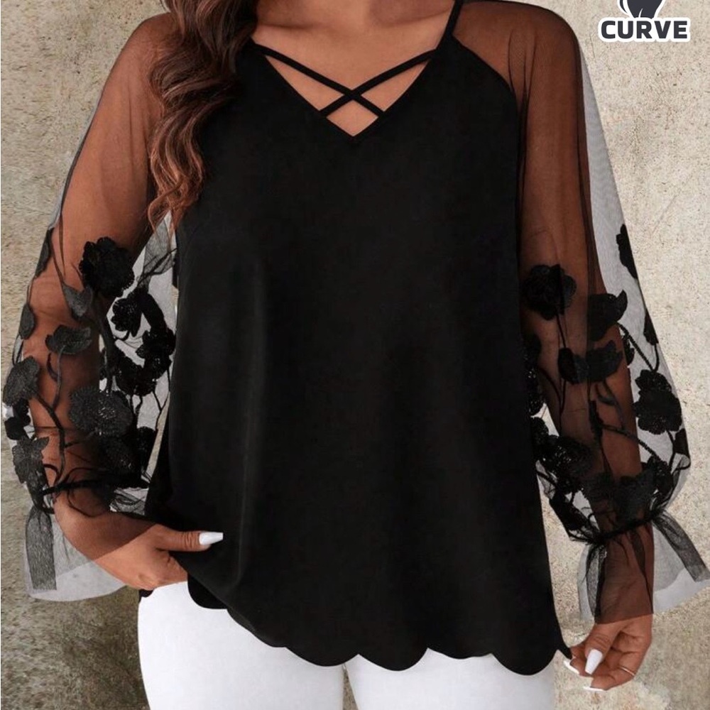 Black Floral Mesh Sleeve V-Neck Women's Top